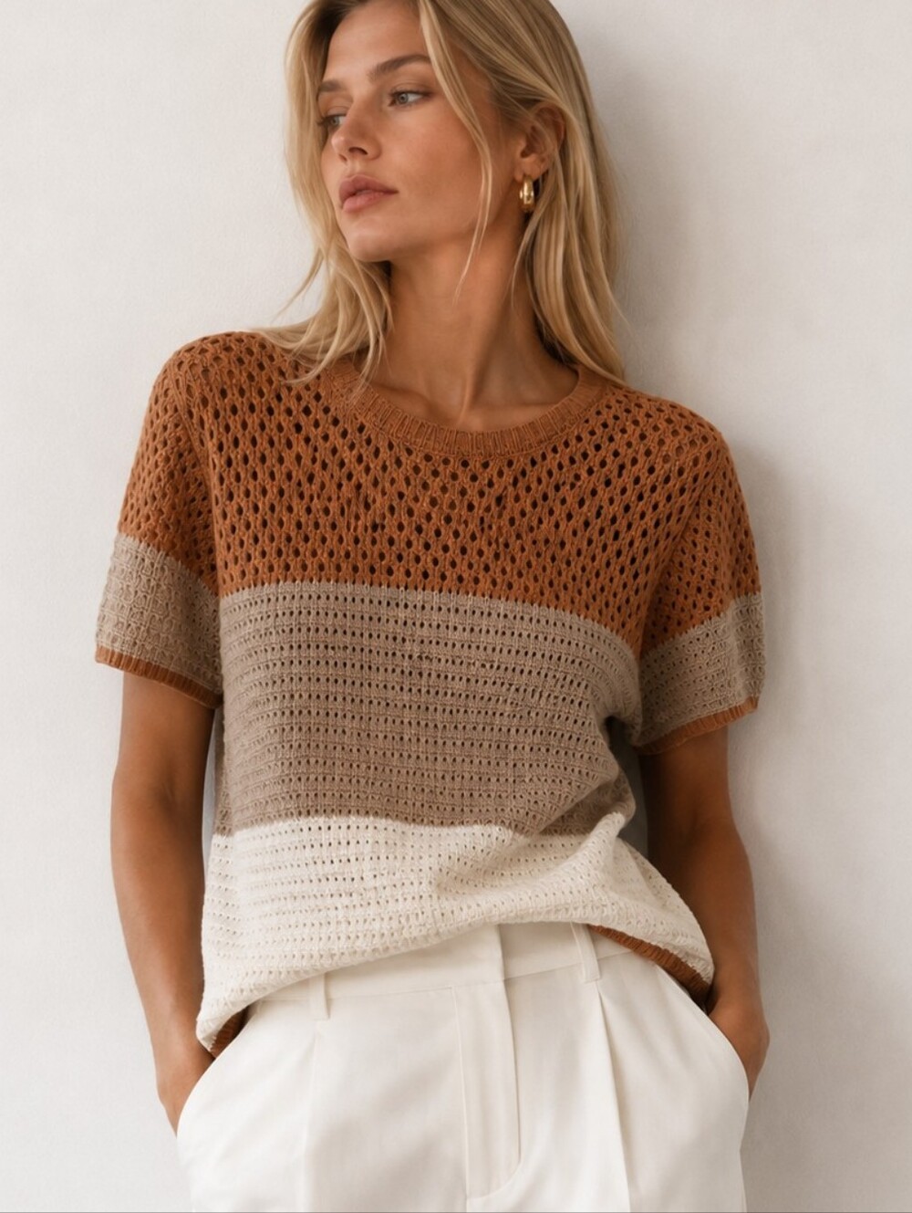 RACHEL Rachel Roy XL Colorblock Open Knit Crochet Short Sleeve Sweater Top Boho
